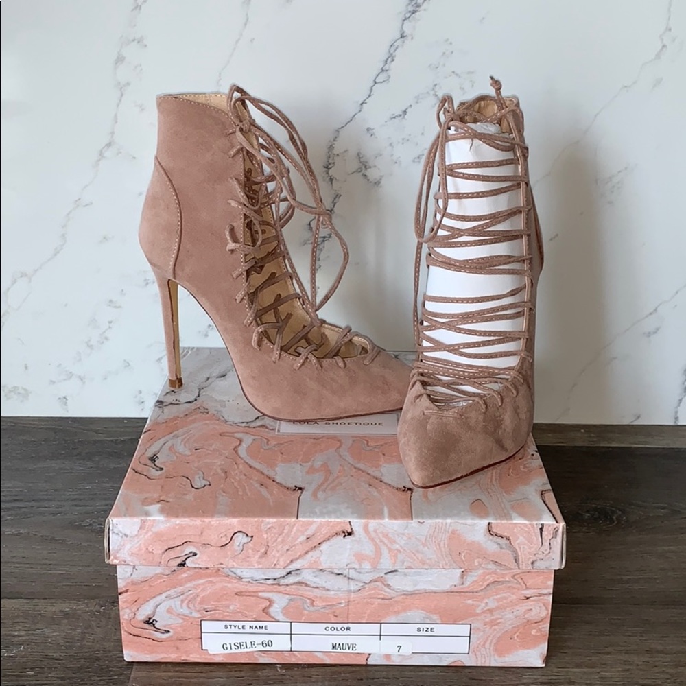 Miss Lola Mauve Lace Up Heels - Size 7